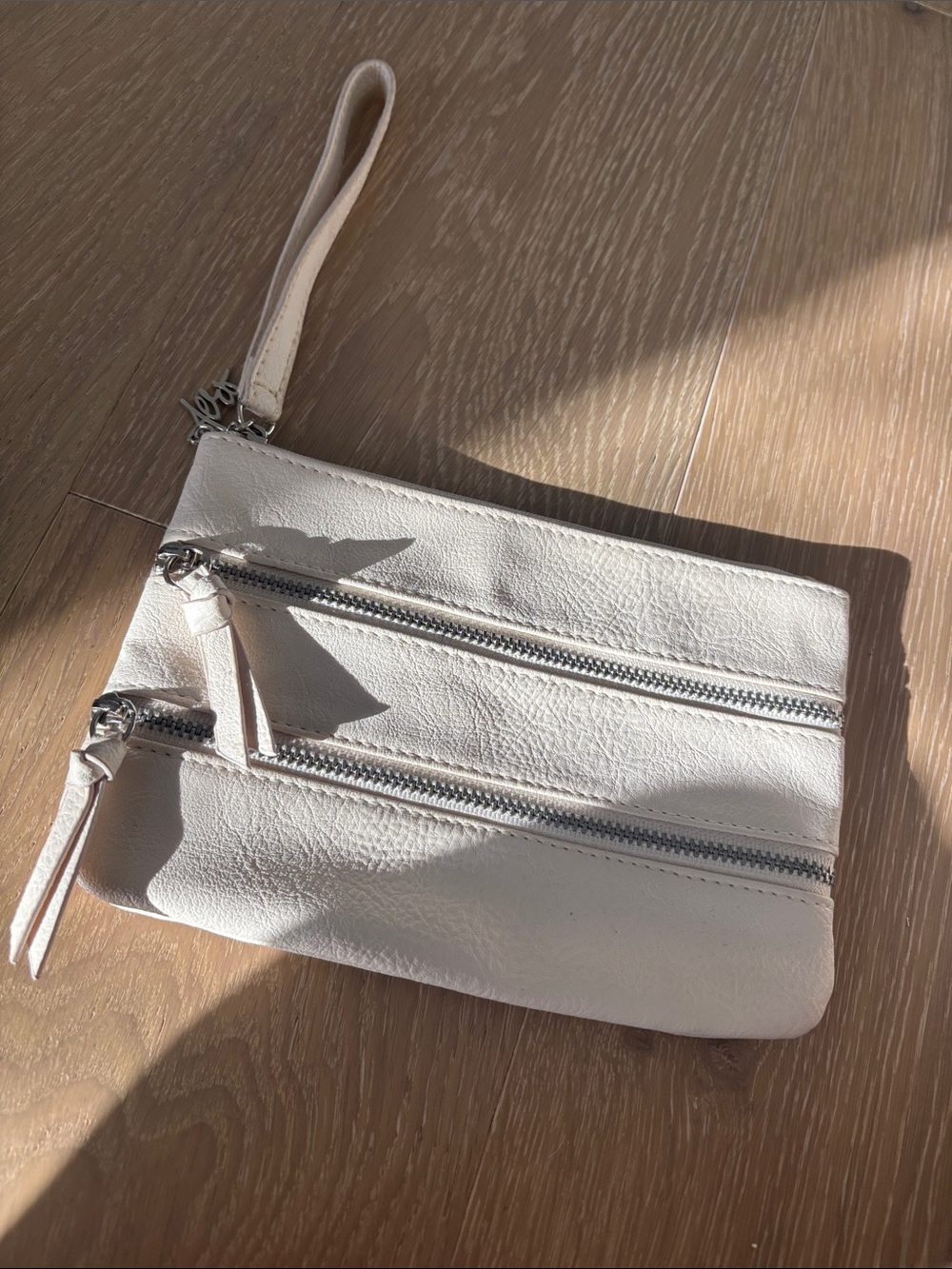 Classic White Leather Wristlet Clutch with Double Zippers